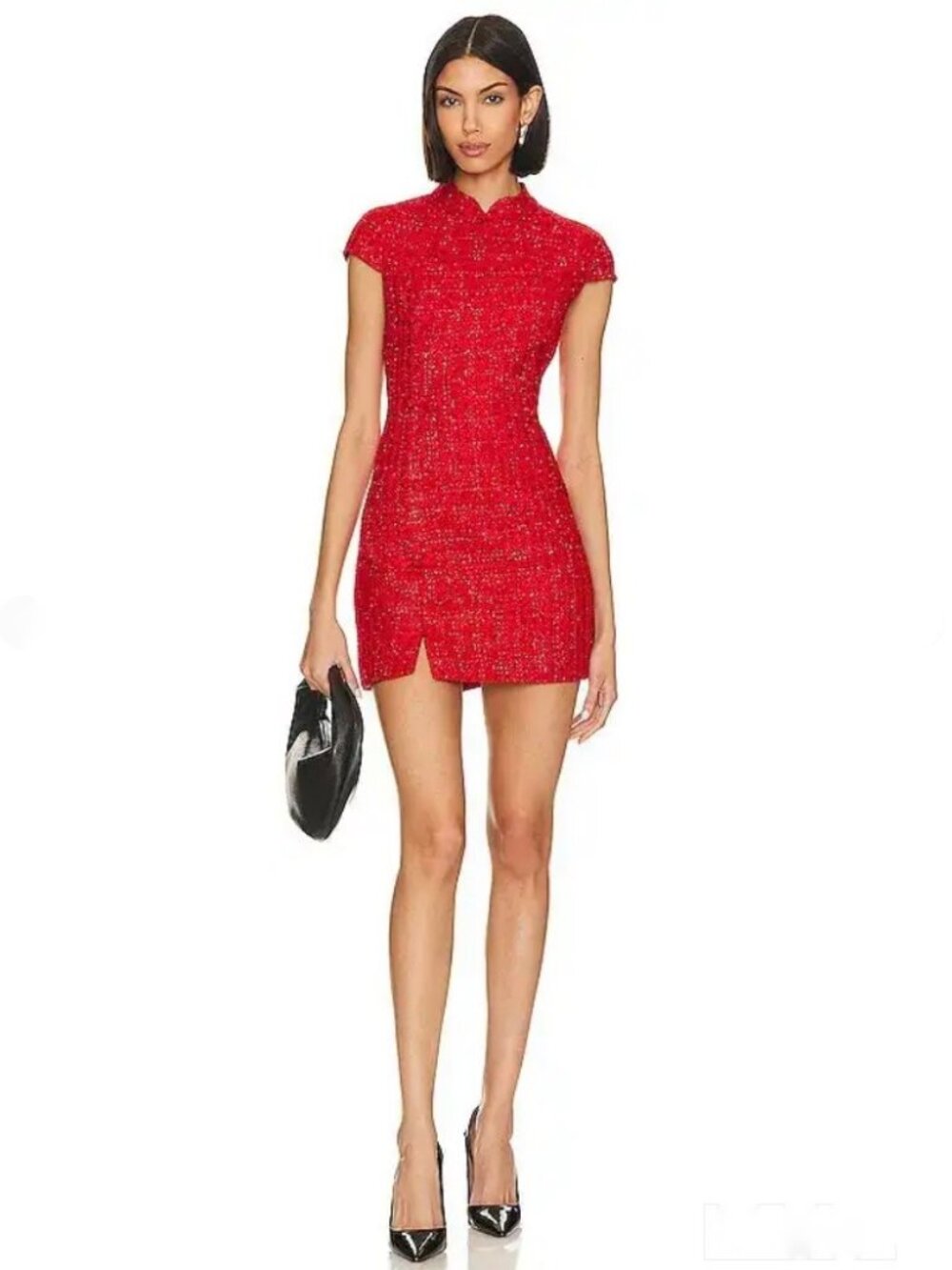 Sau Lee—Red Tweed Mini Dress with Mandarin Collar, Sz 2